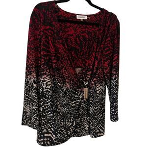 Calvin Klein 3/4 Sleeve Red, Black, & White Faux Wrap Blouse Women’s Size Large